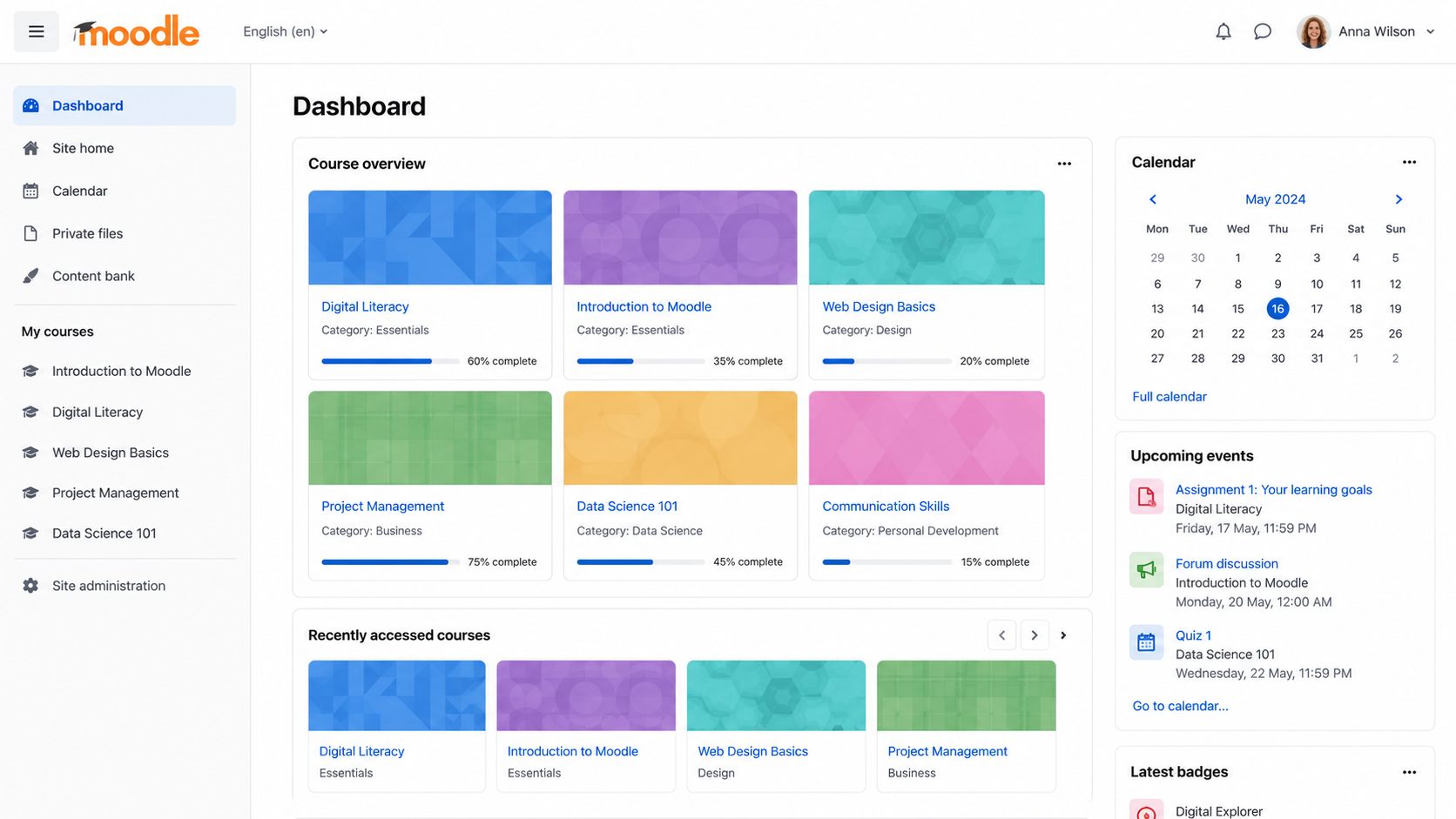 Moodle course dashboard