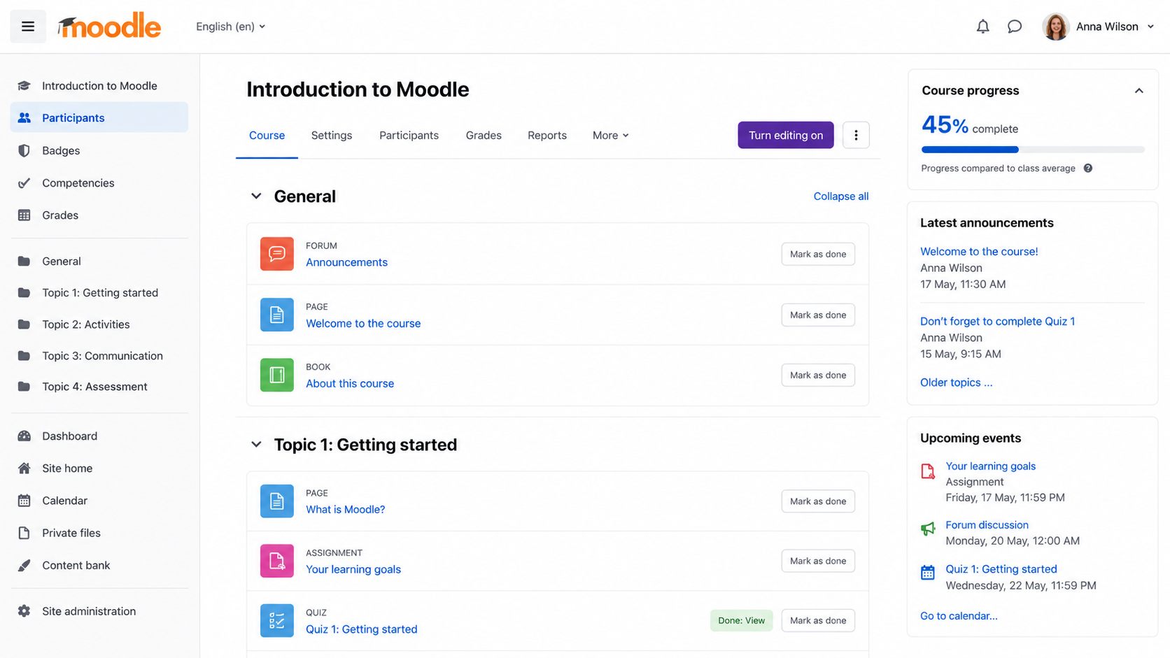 Moodle course management